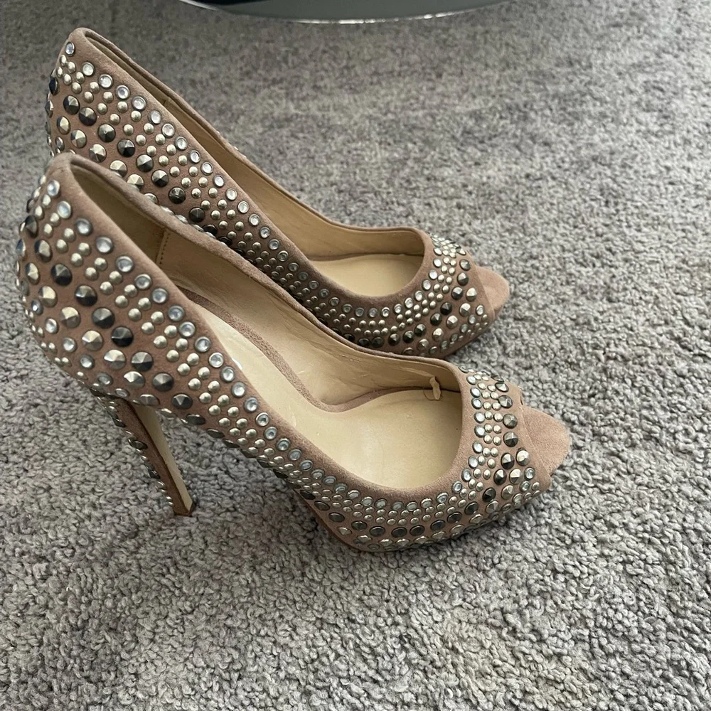 Bebe Tan Rhinestone Peep-Toe Heels - Picture 2 of 3